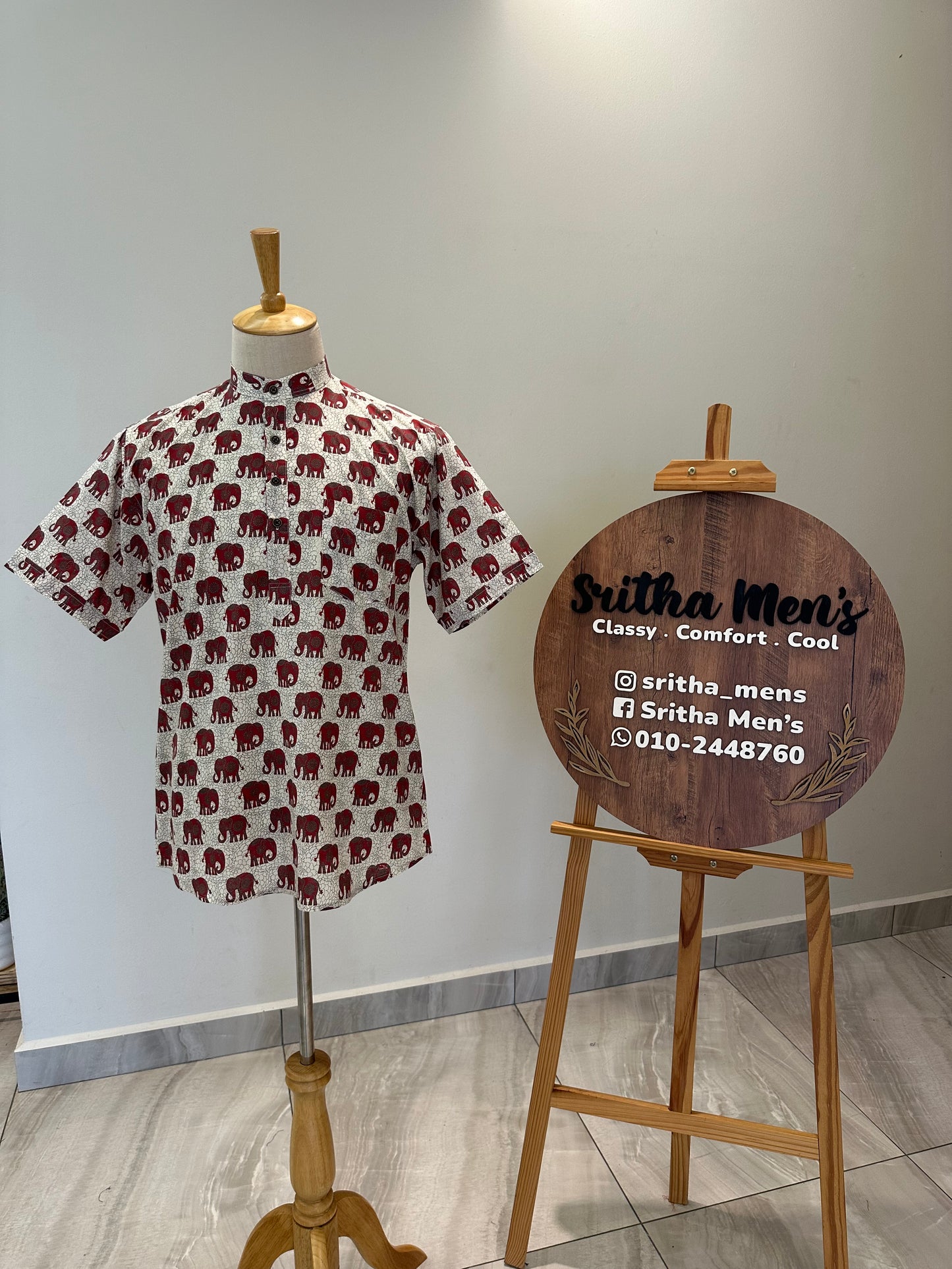 SM1025-16-05 White Base Red Elephant Print Short Cotton Kurta