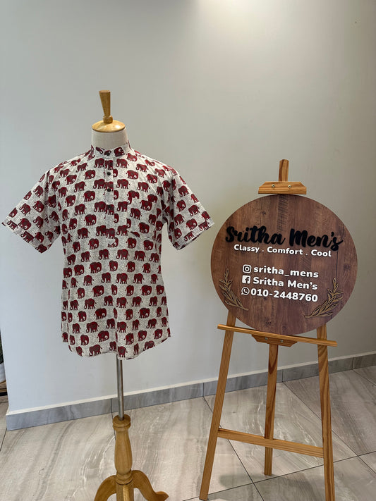 SM1025-16-05 White Base Red Elephant Print Short Cotton Kurta