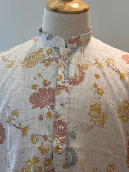 SM0226-01-05 Beige & Pink Yellow Floral Cotton Linen Kurta Set