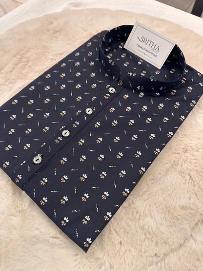 SM0226-01-06 Dark Navy Blue & White Printed Cotton Kurta