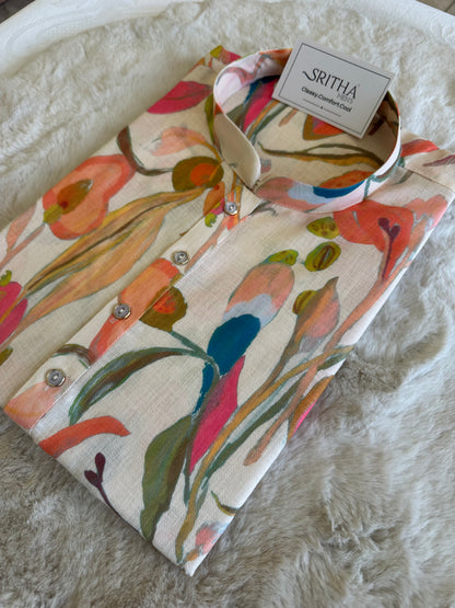 SM0626-01-05 Cream Based Multi Shade Printed Linen Blend Kurta