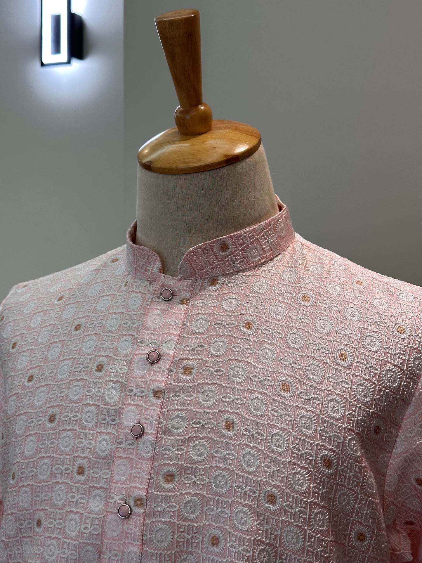 SM1125-02-17 Pastel Pink & White Jacquard Kurta Set
