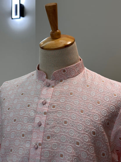 SM1125-02-17 Pastel Pink & White Jacquard Kurta Set