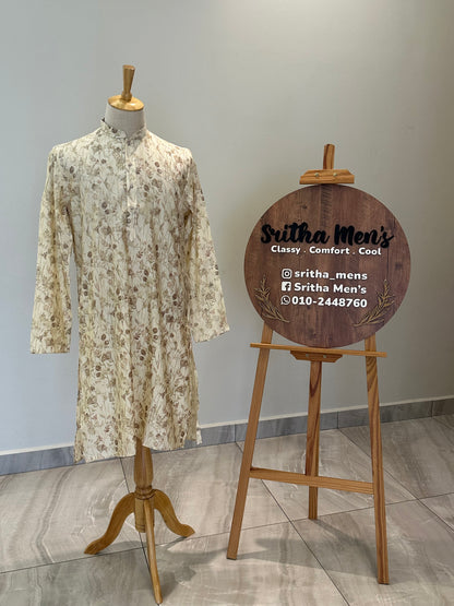 SM0725-02-07 Cream Floral Soft Muslin Blend Kurta Set
