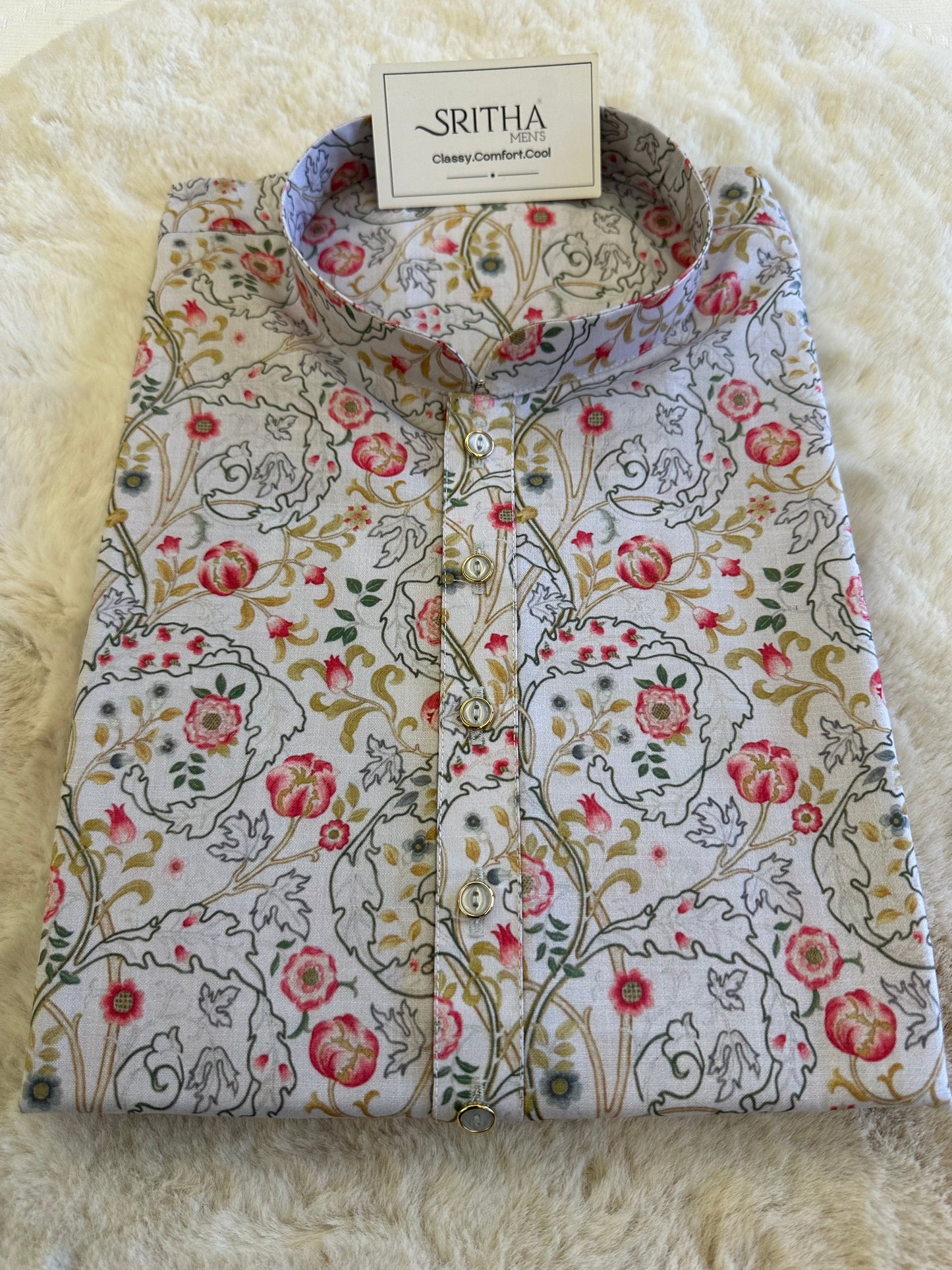 SM0925-01-13 White Faded Floral Cotton Kurta