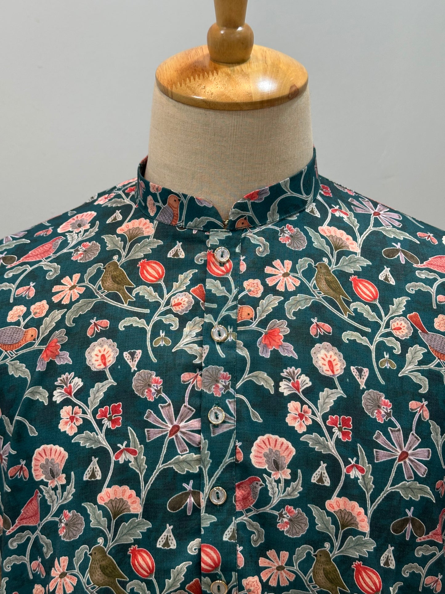 SM0726-01-04 Green Floral & Bird Printed Soft Cotton Kurta