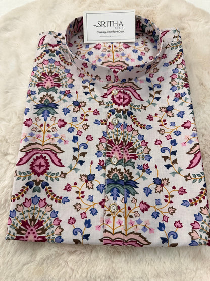 SM0925-01-11 White & Pink Print Cotton Kurta