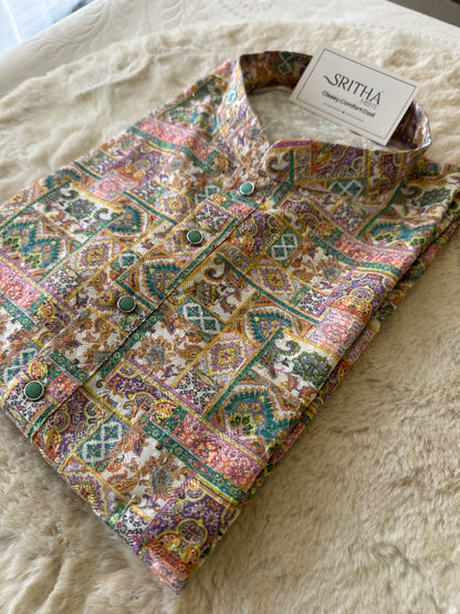 SM0525-02-10 Purple Green Soft Cotton Kurta Set