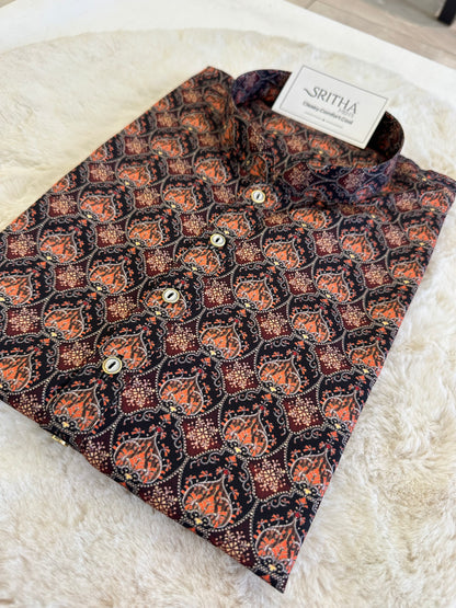 SM0625-01-12  Black & Orange Floral Khadi Silk Kurta