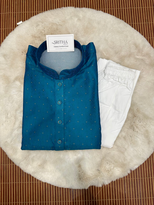 SM0826-02-17 Peacock Blue Jacquard Silk Blend Kurta Set