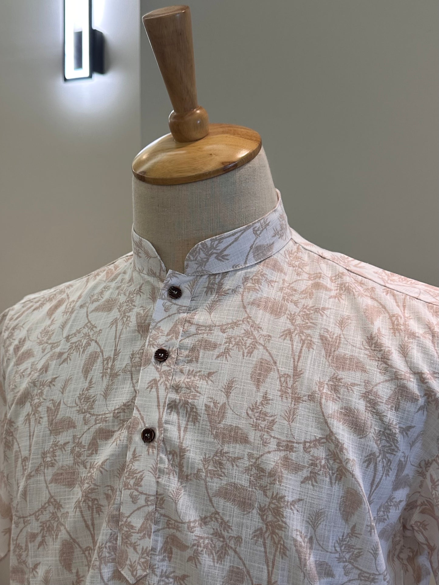 SM0326-18-10 White & Brown Floral Print Short Cotton Kurta