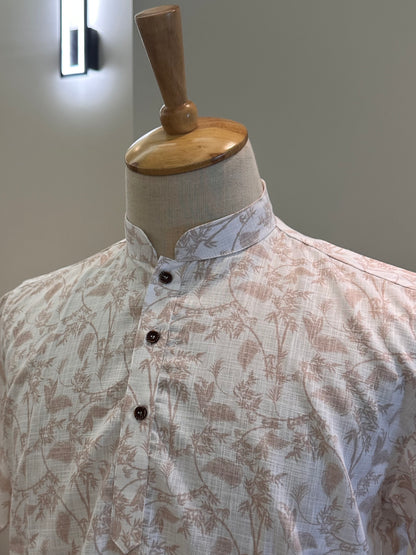 SM0326-18-10 White & Brown Floral Print Short Cotton Kurta