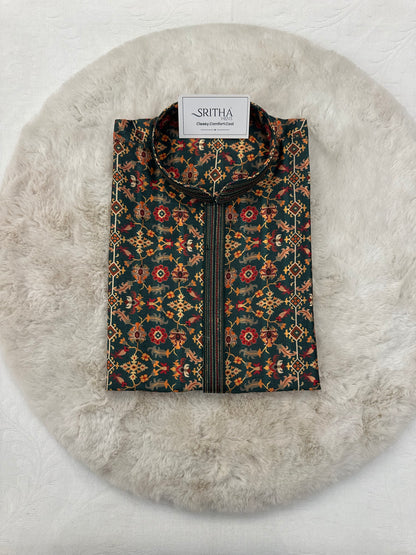 SM0925-01-01 Dark Green Floral Soft Cotton Silk Kurta