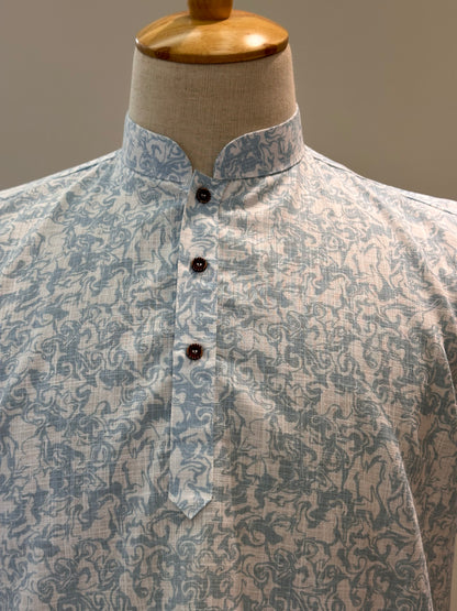 SM0126-18-05 White & Blue Motif Print Short Cotton Kurta