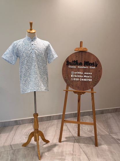 SM0126-18-05 White & Blue Motif Print Short Cotton Kurta