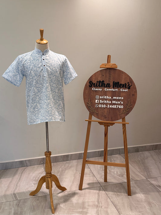 SM0126-18-05 White & Blue Motif Print Short Cotton Kurta