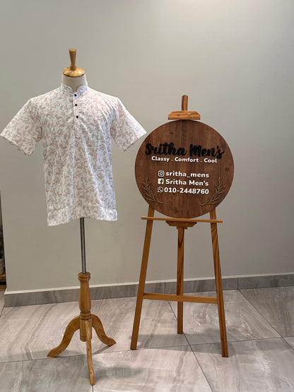 SM0326-18-10 White & Brown Floral Print Short Cotton Kurta