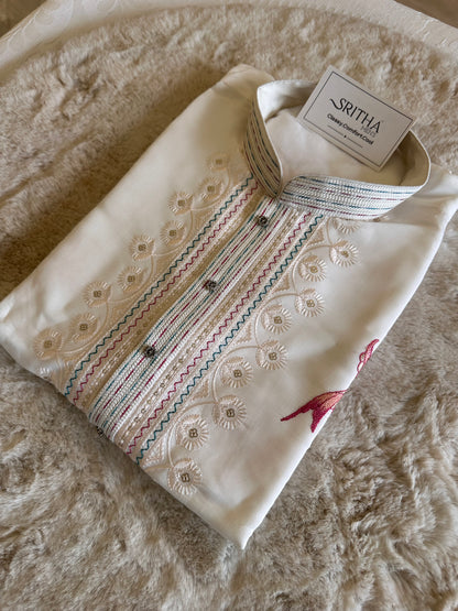 SM0326-02-04 White Embroidery Design Soft Cotton with Lining Kurta Set