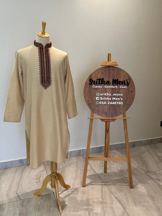 SM0625-06-01 Beige & Maroon Soft Cotton Silk Blend Kurta Set
