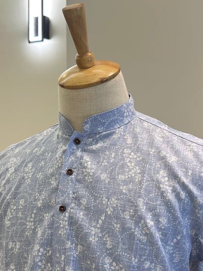 SM0126-18-07 Light Blue & White Floral Print Short Cotton Kurta