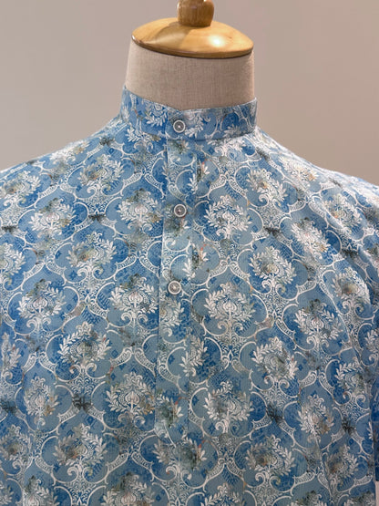 SM1025-18-01 Blue Floral Short Cotton Blend Kurta