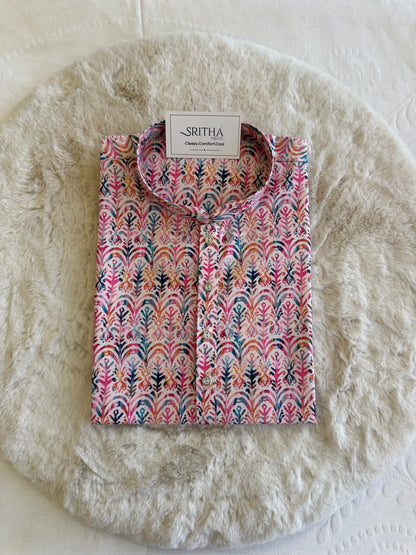 SM0625-01-07 Pink Blue White Khadi Silk Kurta