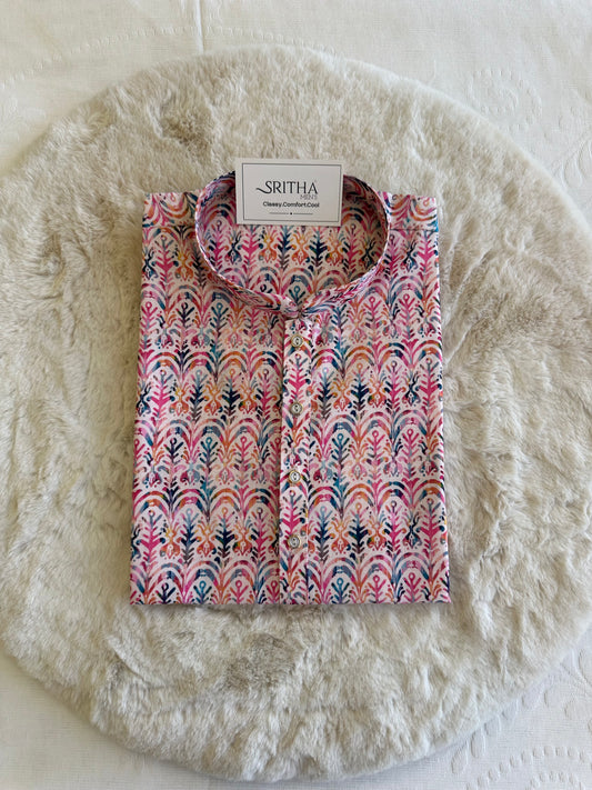 SM0625-01-07 Pink Blue White Khadi Silk Kurta