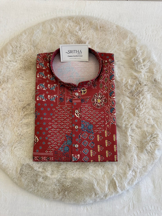 SM1225-01-01 Brick Red Floral Khadi Silk Kurta