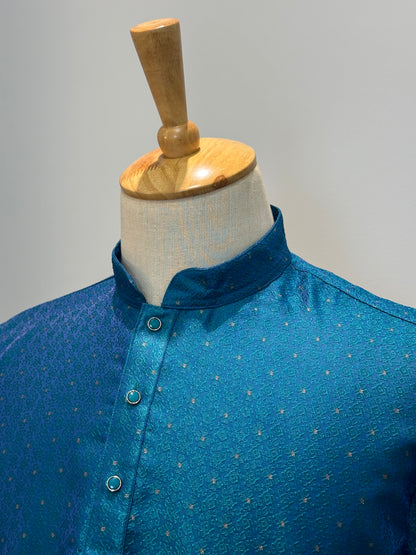 SM0826-02-17 Peacock Blue Jacquard Silk Blend Kurta Set