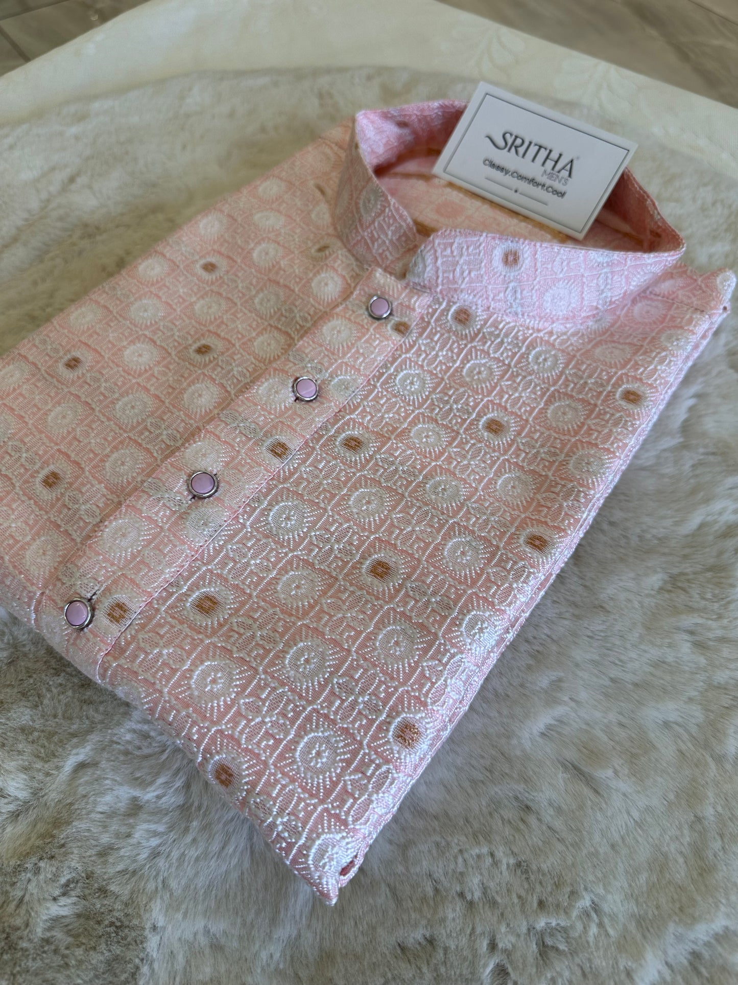 SM1125-02-17 Pastel Pink & White Jacquard Kurta Set