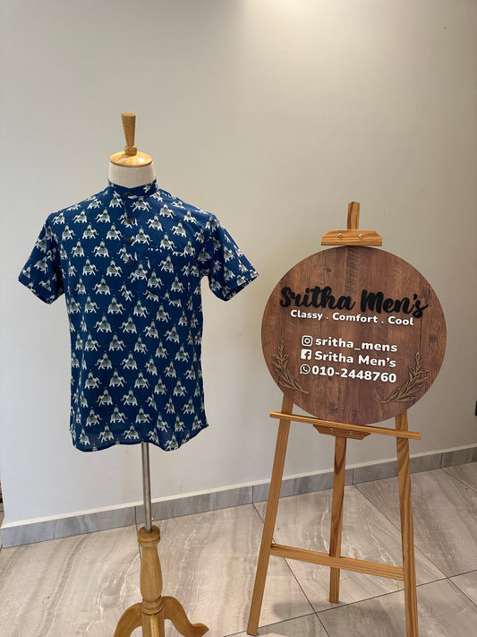 SM1025-16-04 Blue Base Elephant Print Short Cotton Kurta