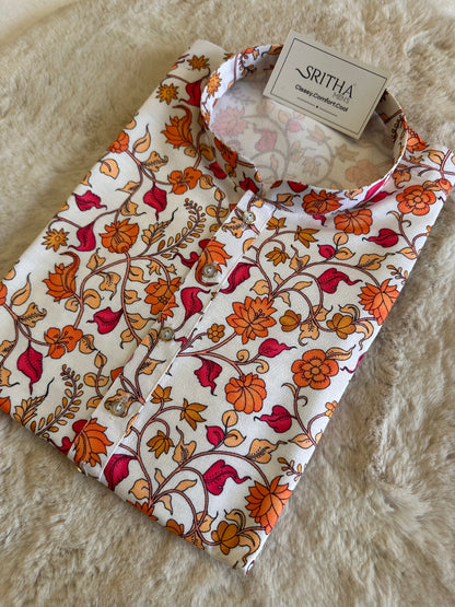 SM1225-01-04 White & Orange Floral Khadi Silk Kurta