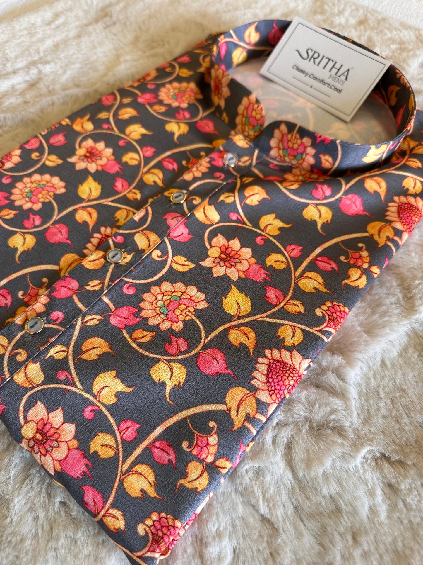 SM1225-01-09 Grey Floral Khadi Silk Kurta