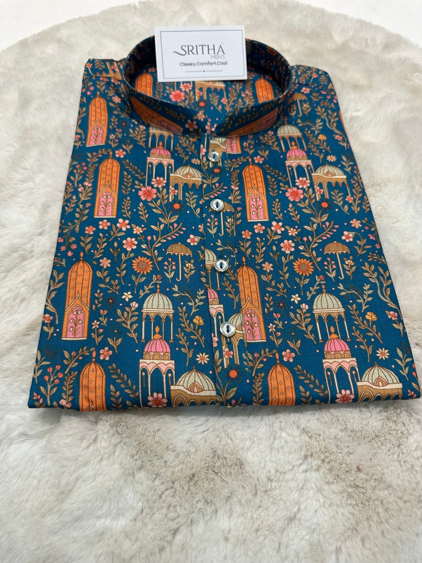 SM0726-01-07 Teal Base Printed Soft Cotton Kurta