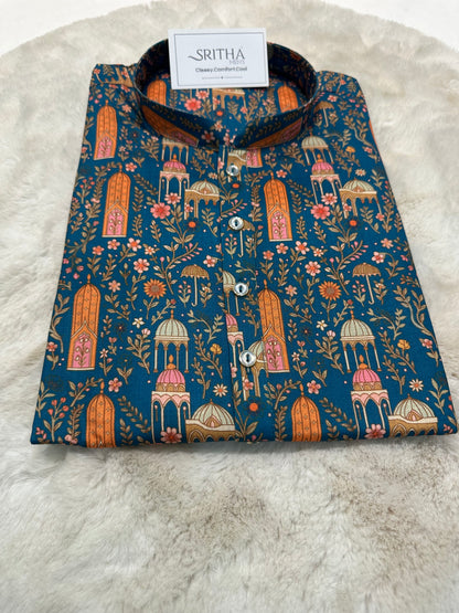 SM0726-01-07 Teal Base Printed Soft Cotton Kurta