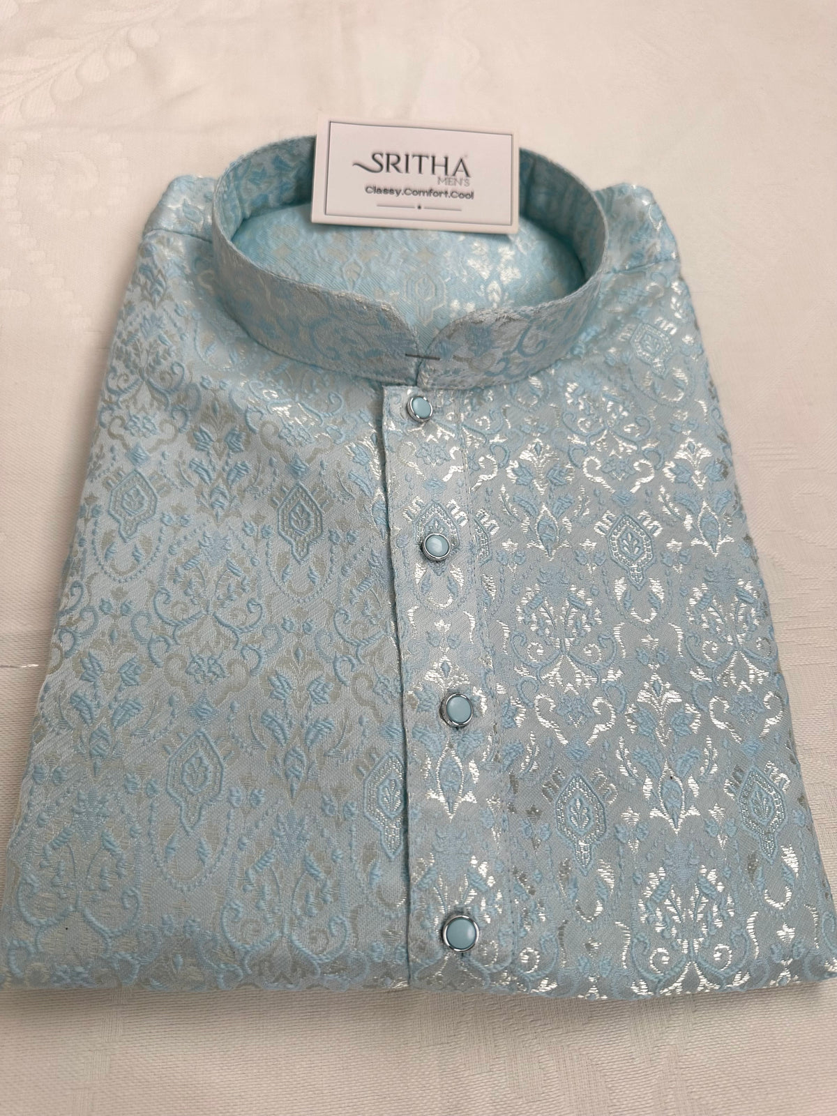 SM0826-02-03 Pastel Blue & Silver Soft Jacquard Silk Blend Kurta Set