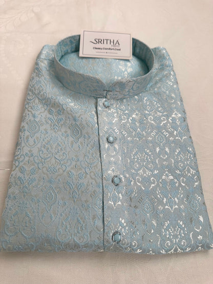 SM0826-02-03 Pastel Blue & Silver Soft Jacquard Silk Blend Kurta Set