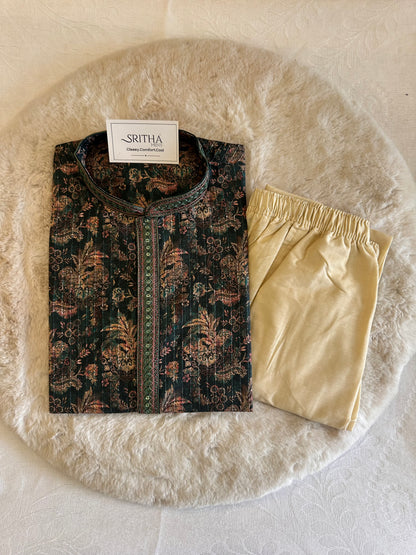 SM0326-06-05 Dark Green Floral With Transparent Sequins Soft Cotton Blend Kurta Set