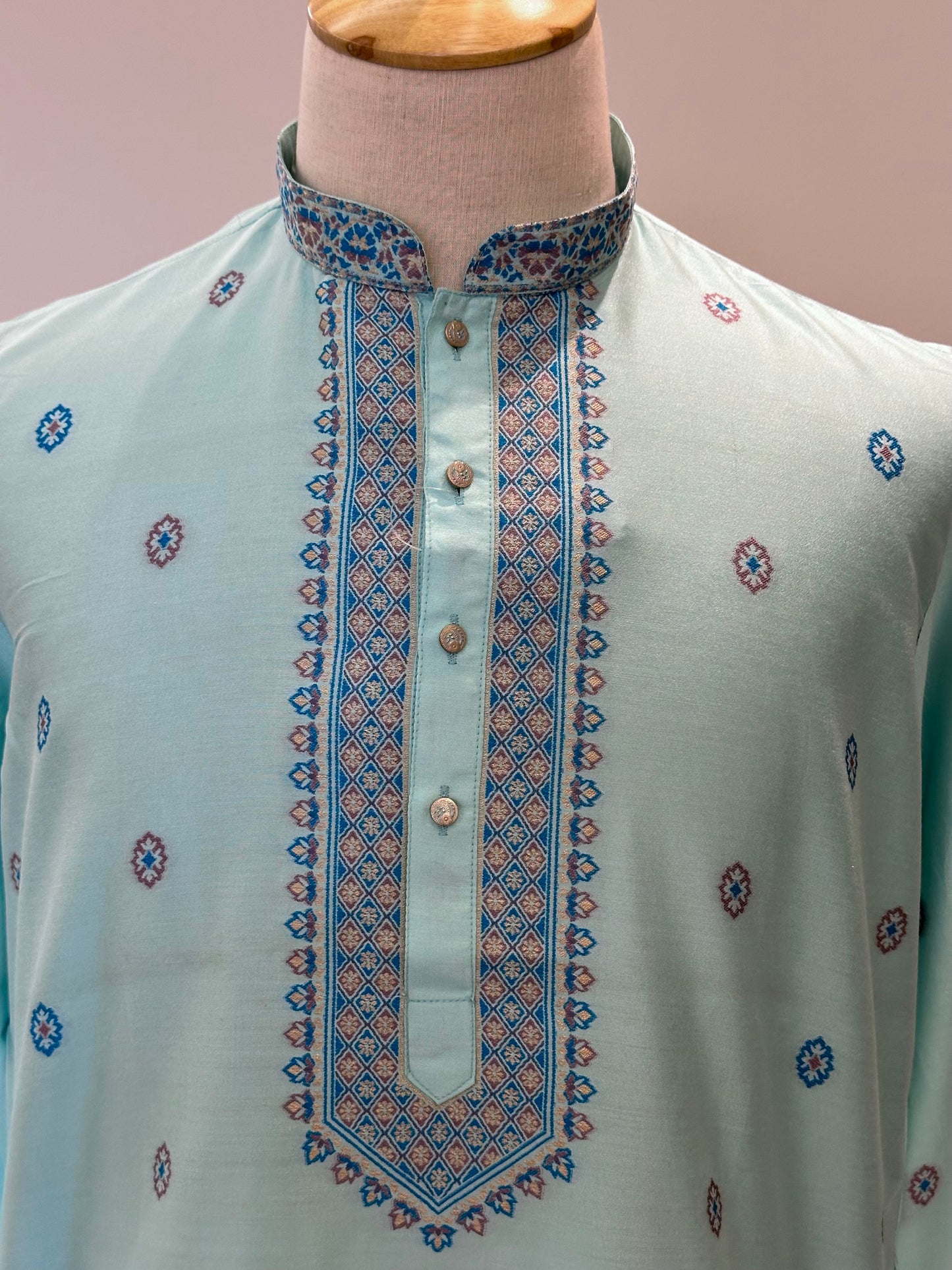 SM1125-06-02 Turquoise Soft Silk & Woven Design Kurta Set