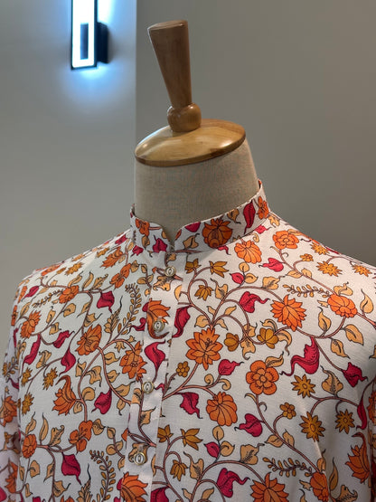 SM1225-01-04 White & Orange Floral Khadi Silk Kurta