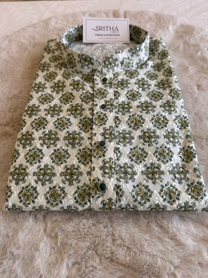 SM1125-02-03 White & Green Soft Cotton Kurta Set