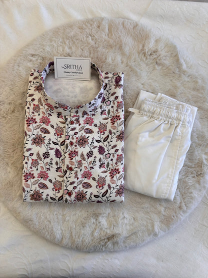 SM1125-02-05 White Floral Jacquard Silk with Lining Kurta Set