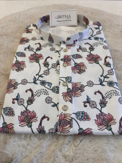 SM1225-01-03 White Base Blue Floral Soft Khadi Silk Kurta