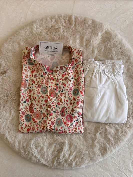 SM1125-02-15 White Floral Soft Viscose Blend Kurta Set