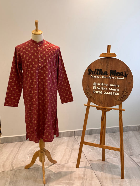 SM0126-01-03 Red & Gold Printed Cotton Kurta