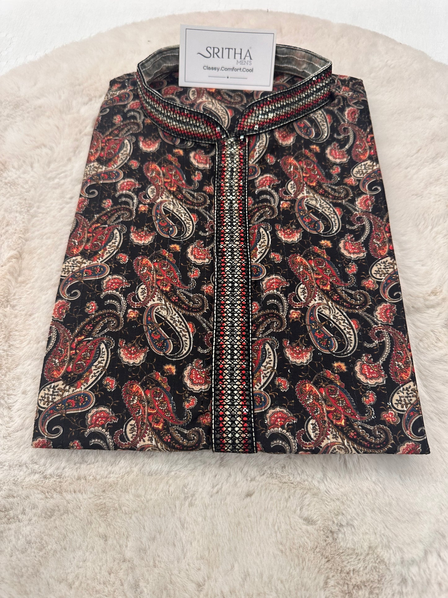 SM0326-06-07 Black & Red Paisley Design with  Sequins Soft Cotton Blend Kurta Set