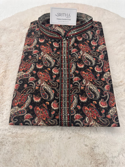 SM0326-06-07 Black & Red Paisley Design with  Sequins Soft Cotton Blend Kurta Set