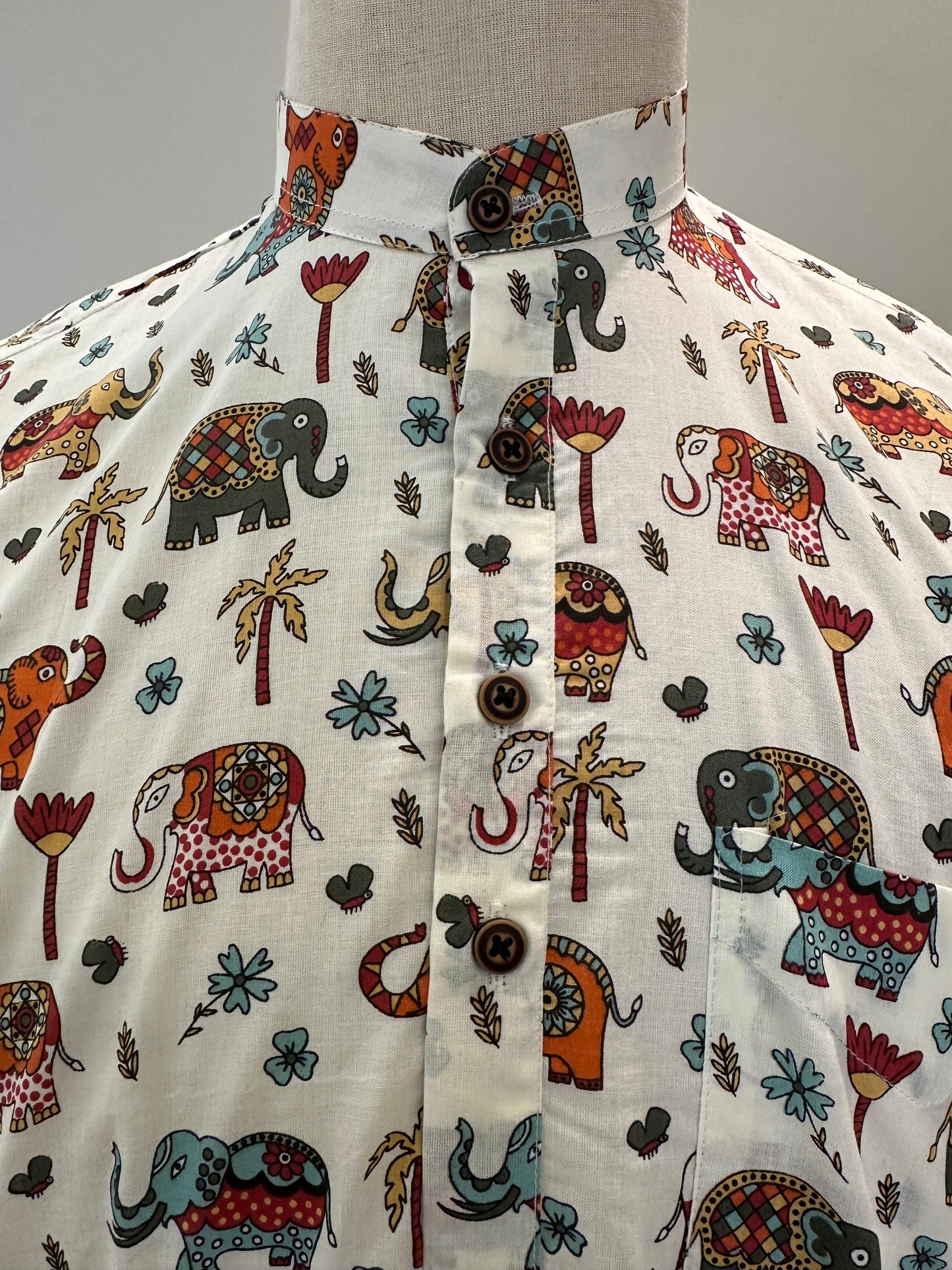 SM1025-16-03 White Base Multicolour Elephant Print Short Cotton Kurta