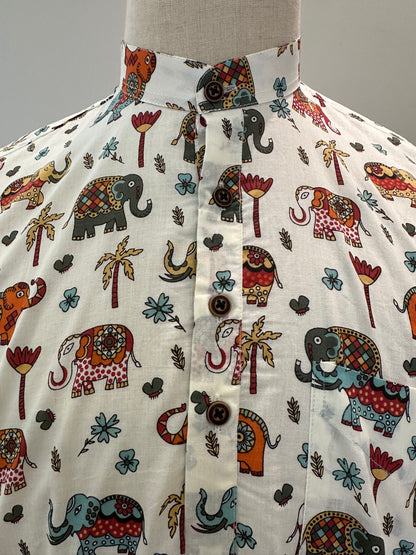 SM1025-16-03 White Base Multicolour Elephant Print Short Cotton Kurta