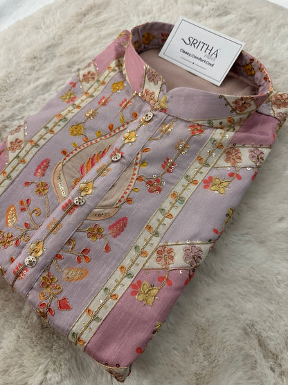 SM0326-02-05 Liliac Pink Heavy Work Silk Blend with Cotton Lining Kurta Set